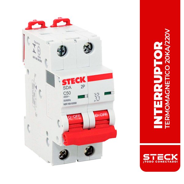 STECK.SDA62C50 2x50A INTERRUPTOR TERMOMAGNETICO, 20KA/220V, 10KA/415V, IEC60898, CURVA C