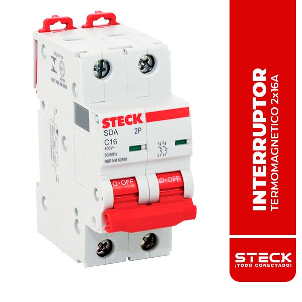 STECK.SDA62C16 2x16A INTERRUPTOR TERMOMAGNETICO, 20KA/220V, 10KA/415V, IEC60898, CURVA C