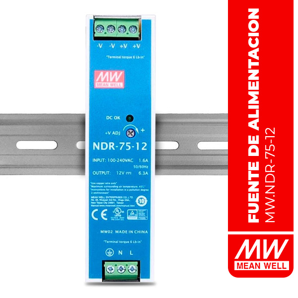 FUENTE DE ALIMENTACION EN RIEL DIN 75.6W 12V 6.3A EN55022 Class B - NDR-75-12