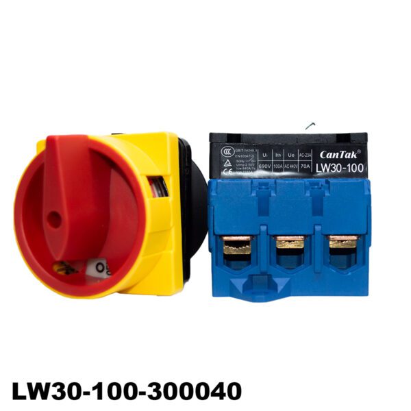 Interruptor Rotativo OFF-ON 3P (64X64MM) 100A, Amarillo/Rojo, CTK.LW30-100-300040