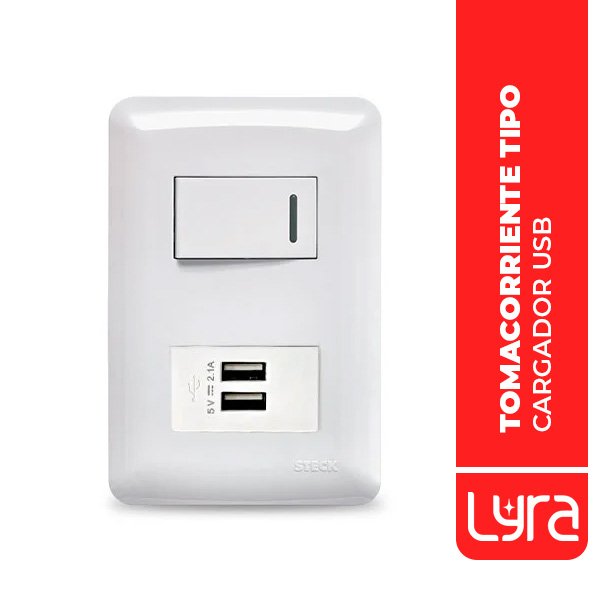 Tomacorriente tipo cargador USB + 1módulo interruptor simple