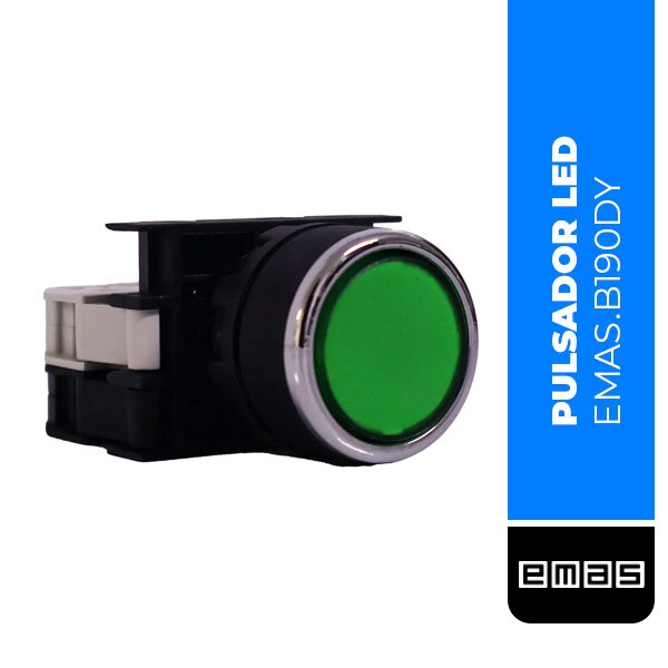 PULSADOR DE 22MM SERIE B PLASTICO LED 1NO 12-30V AC/DC, VERDE CON RESORTE DE 22 MM (B190DY)