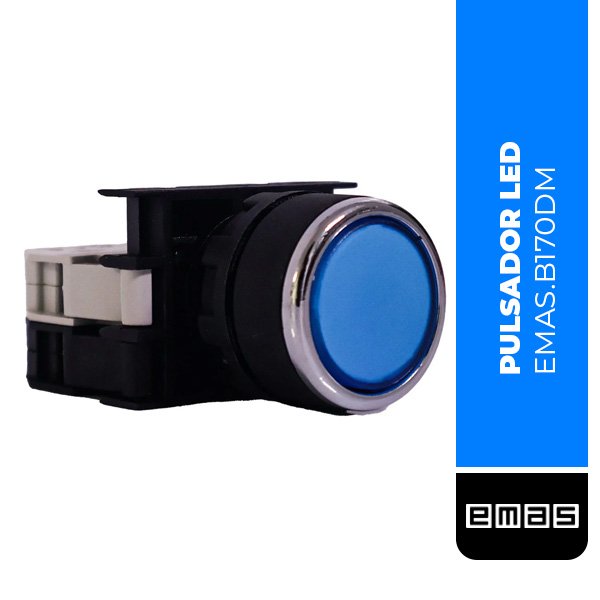 PULSADOR LED DE PLASTICO SERIE B, 1NO, 12-30 V CA/CC, CON RESORTE, LISO, AZUL, 22 MM, (B170DM)