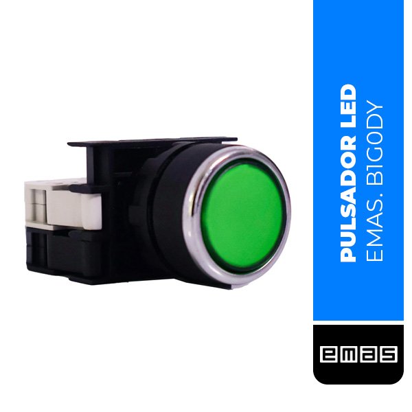 PULSADOR LED PLANO DE PLASTICO SERIE B, 1NO, 110 V CA/CC, ACCIONADO POR RESORTE, VERDE, 22 MM, (B1G0DY)