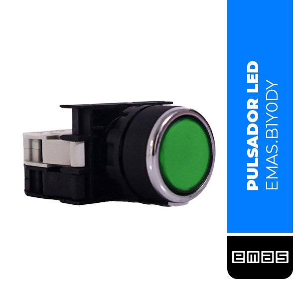 PULSADOR LED PLANO DE PLASTICO, SERIE B, 1NO, 100-230 V CA, CON RESORTE, PLANO, VERDE, 22 MM, (B1Y0DY)