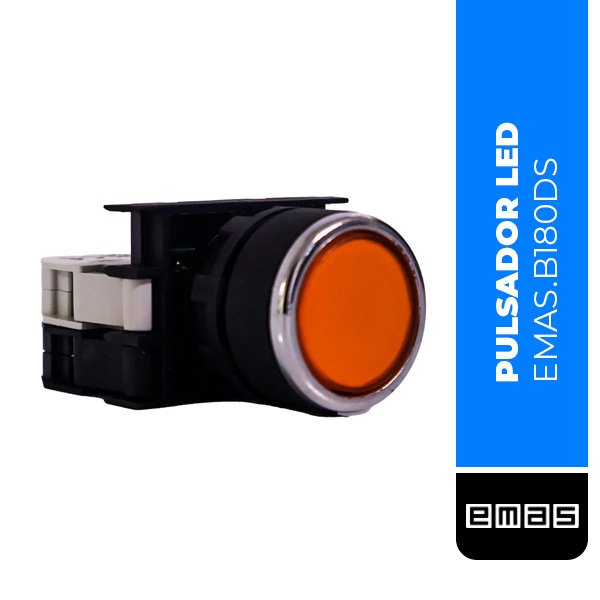 PULSADOR DE 22MM SERIE B PLASTICO LED 1NO 12-30V AC/DC RESORTE PLANO AMARILLO, (B180DS)