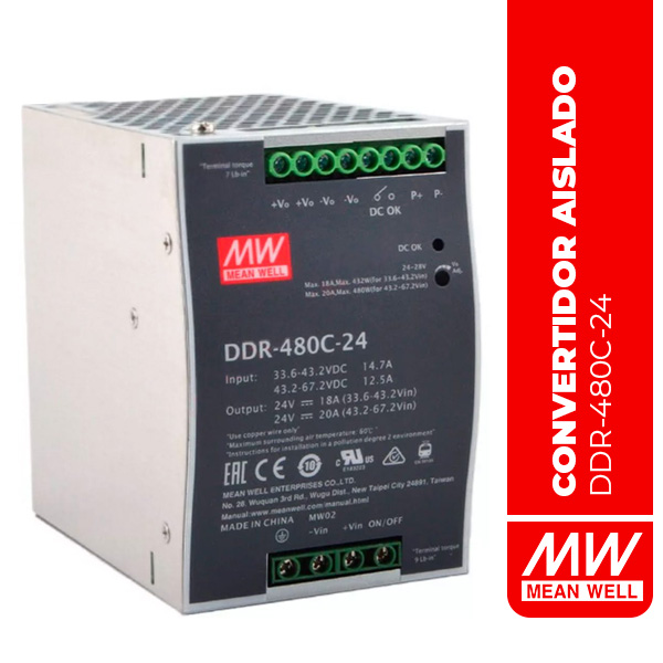 CONVERTIDOR AISLADO RIEL DIN 24V 20A 480W - DDR-480C-24