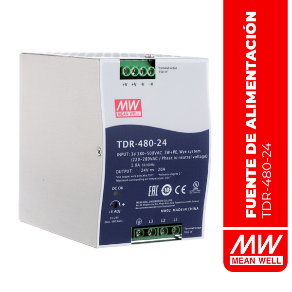 TDR-480-24 - FUENTE DE ALIMENTACIÓN RIEL DIN 480W 24V 20A 3 Phase 340-550VAC