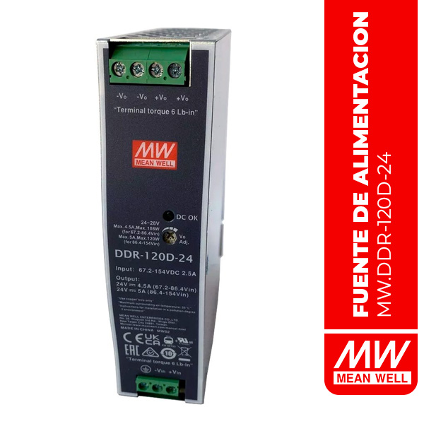 CONVERTIDOR AISLADO EN RIEL DIN 67.2-154Vin 24V 5A 120W - DDR-120D-24