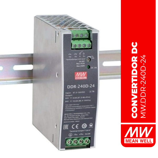 CONVERTIDOR AISLADO EN RIEL DIN 67.2-154Vin 24V 10A 240W - DDR-240D-24