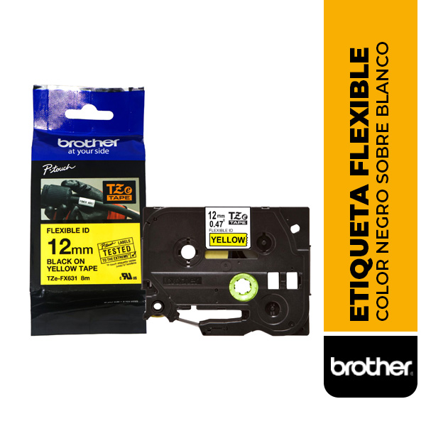 ETIQUETA FLEXIBLE, COLOR NEGRO SOBRE AMARILLO, 12MM x 8M