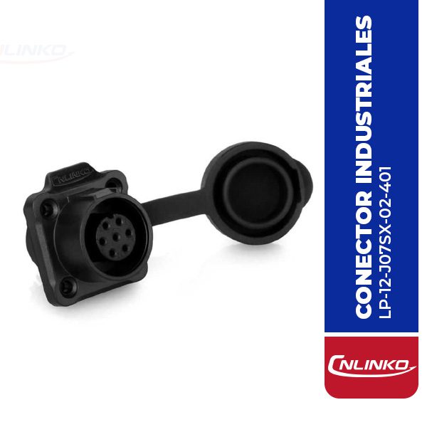 CONECTOR HEMBRA 7 PIN, M12, MONTAJE EN PANEL, CON BRIDA CON BRIDA CUADRADO, SERIE LP-12, IP67, CNLINKO