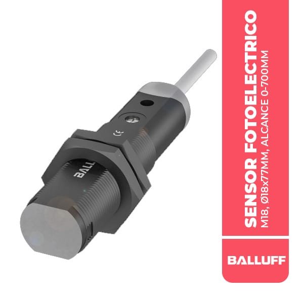 BOS00K0 SENSOR FOTOELECTRICO, M18, Ø18x77MM, ALCANCE 0-700MM, CABLE 2M, PNP-NA/NC, LED DE INFRARROJOS, 10-30VDC