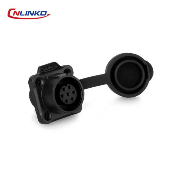 CONECTOR HEMBRA 7 PIN, M12, MONTAJE EN PANEL, CON BRIDA CON BRIDA CUADRADO, SERIE LP-12, IP67, CNLINKO