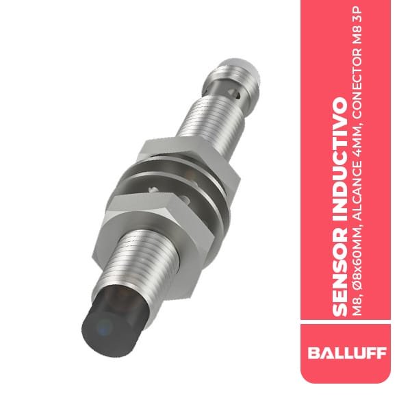 BES001J SENSOR INDUCTIVO, M8, Ø8x60MM, ALCANCE 4MM, CONECTOR M8 3P, N/RASANTE, PNP NA, 4000HZ, 10-30VDC, IP68