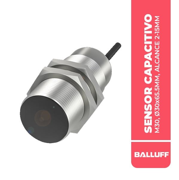 BCS00N2 SENSOR CAPACITIVO, M30, Ø30x65.5MM, ALCANCE 2-15MM, CABLE 2M, RASANTE, PNP NA, 100HZ, 10-30VDC, IP67