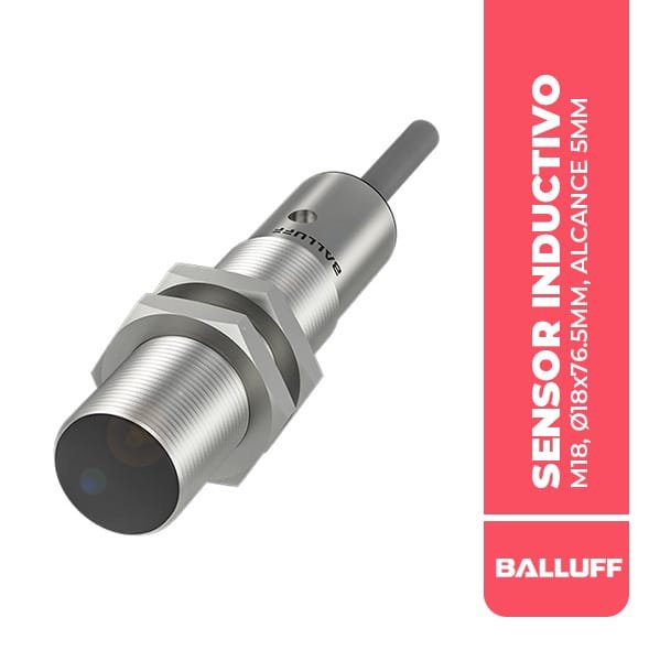 BES02EN	SENSOR INDUCTIVO, M18, Ø18x76.5MM, ALCANCE 5MM, CABLE PUR 3M, 3P, RASANTE, PNP-NO, 900HZ, 10..30VDC, IP68, BALLUFF
