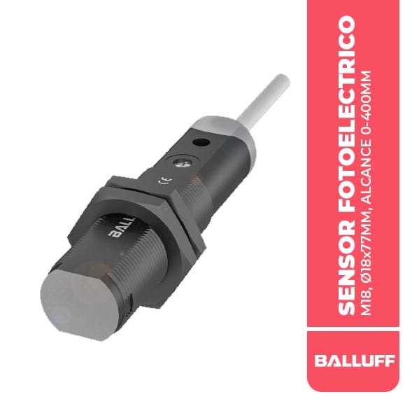 BOS00JY SENSOR FOTOELECTRICO, M18, Ø18x77MM, ALCANCE 0-400MM, CABLE 2M, PNP NA/NC, LED DE INFRARROJOS, 10-30VDC