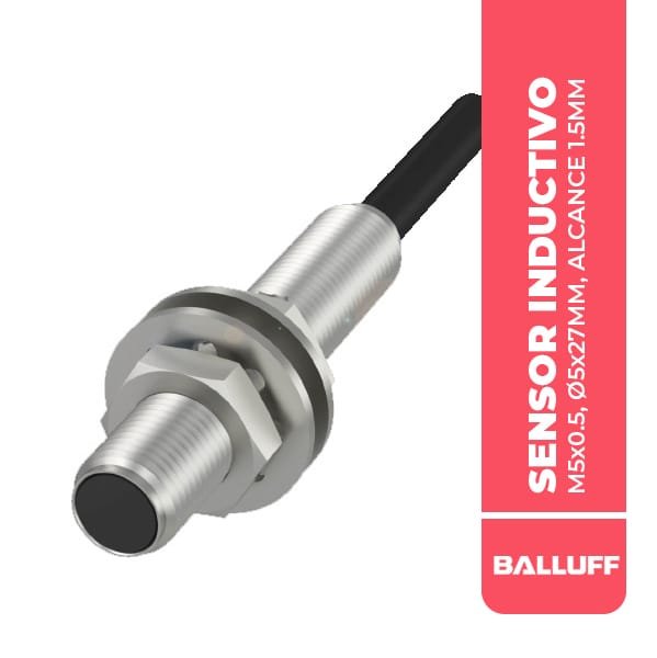 BES00L3 SENSOR INDUCTIVO, M5x0.5, Ø5x27MM, ALCANCE 1.5MM, CABLE 5M, RASANTE, PNP NC, 5000HZ, 10-30 VDC, IP67