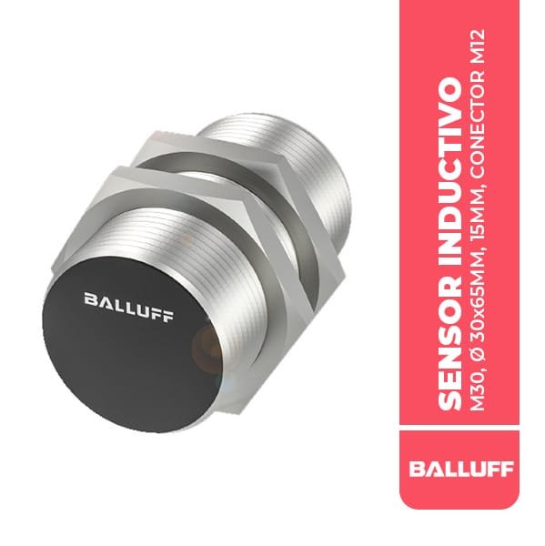 BES00AH SENSOR INDUCTIVO, M30, Ø 30x65MM, 15MM, CONECTOR M12 4P, RASANTE, PNP NA, 100HZ, 10-30 VDC, IP67