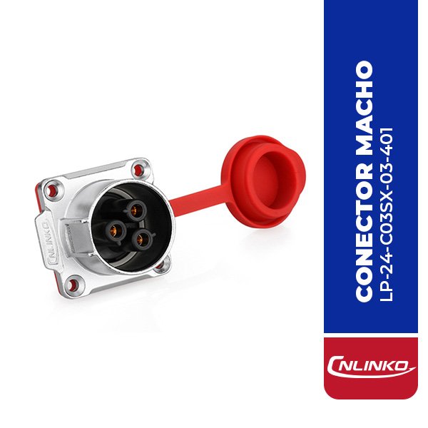 LP-24-C03SX-03-401 CONECTOR MACHO 3 PIN, M24, MONTAJE EN PANEL, CON BRIDA CUADRADO, SERIE LP-24, IP67