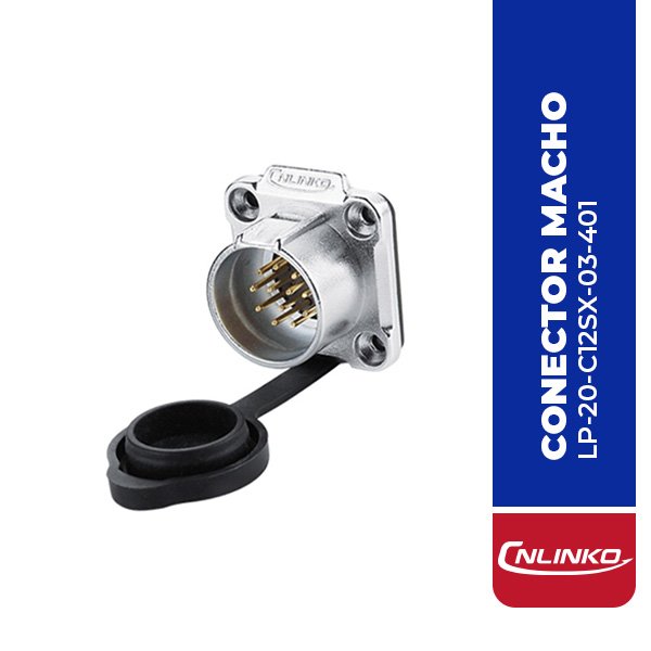 LP-20-C12SX-03-401 CONECTOR MACHO 12 PIN, M20, MONTAJE EN PANEL, CON BRIDA CUADRADO, SERIE LP-20, IP67