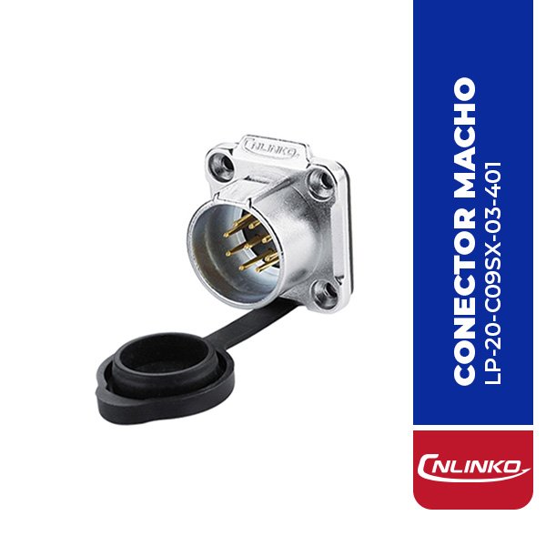 LP-20-C09SX-03-401 CONECTOR MACHO 9 PIN, M20, MONTAJE EN PANEL, CON BRIDA CUADRADO, SERIE LP-20, IP67