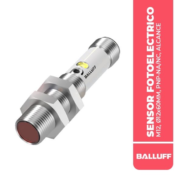 BOS024U SENSOR FOTOELECTRICO (RECEPTOR) M12, Ø12x60MM, PNP-NA/NC, ALCANCE 0-8M, CONECTOR M12 4P, 10-30VDC