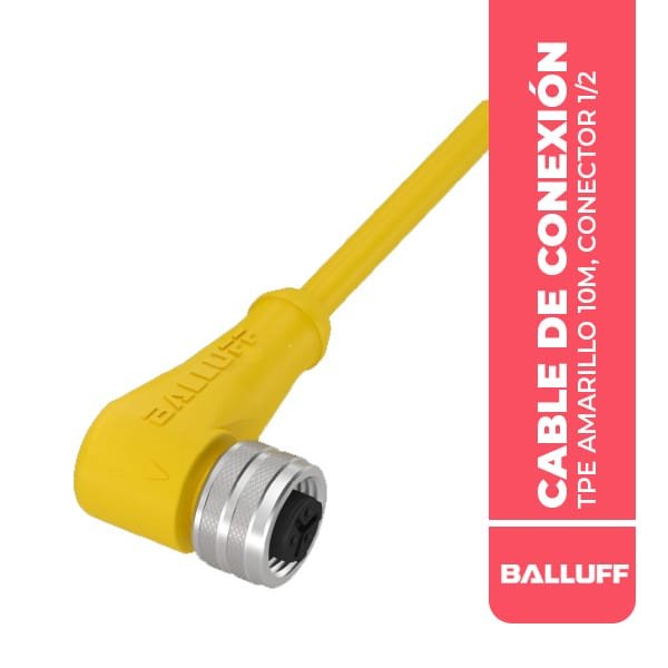 BCC0H7F CABLE DE CONEXION TPE AMARILLO 10M, CONECTOR 1/2” HEMBRA, ACODADO, 3P, 3 CONDUCTORES, 250VDC/250VAC, 4A, IP67