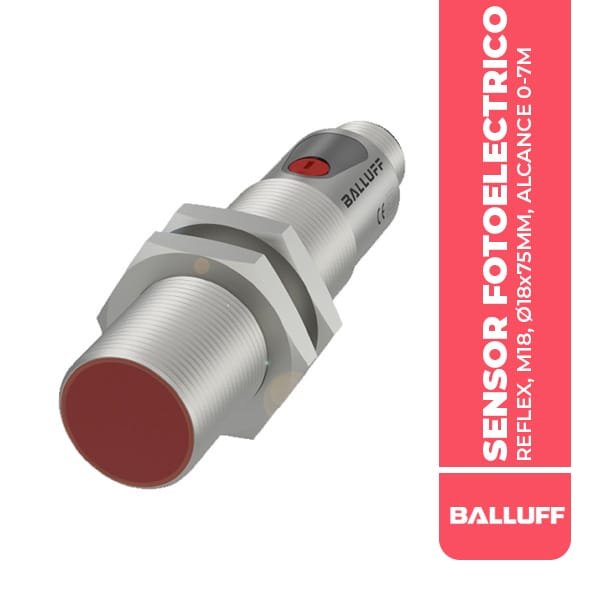 BOS01CE SENSOR FOTOELECTRICO REFLEX, M18, Ø18x75MM, ALCANCE 0-7M, CONECTOR M12 4P, LED DE LUZ ROJA, PNP NA/NC, 10-30VDC