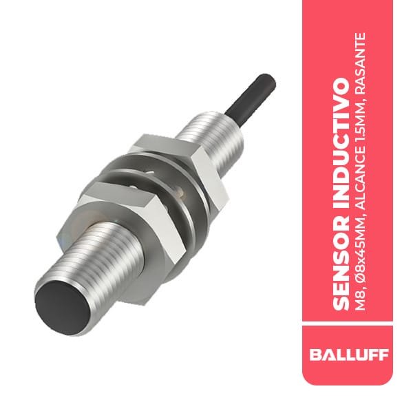 BES01AF SENSOR INDUCTIVO, M8, Ø8x45MM, ALCANCE 1.5MM, RASANTE, PNP-NA, CABLE 3M, 10-30VDC, IP68