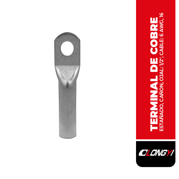 B-T16-12 TERMINAL DE COBRE ESTAÑADO, CAÑON CORTO, OJAL: 1/2", CABLE: 6 AWG, 16MM