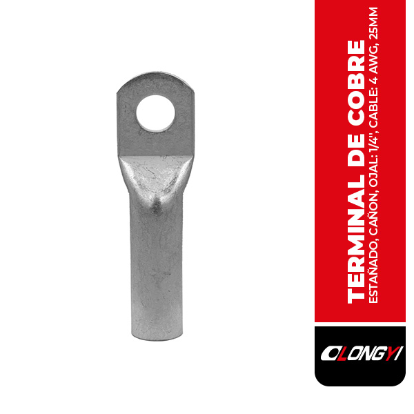 B-T25-6 TERMINAL DE COBRE ESTAÑADO, CAÑON CORTO, OJAL: 1/4", CABLE: 4 AWG, 25MM