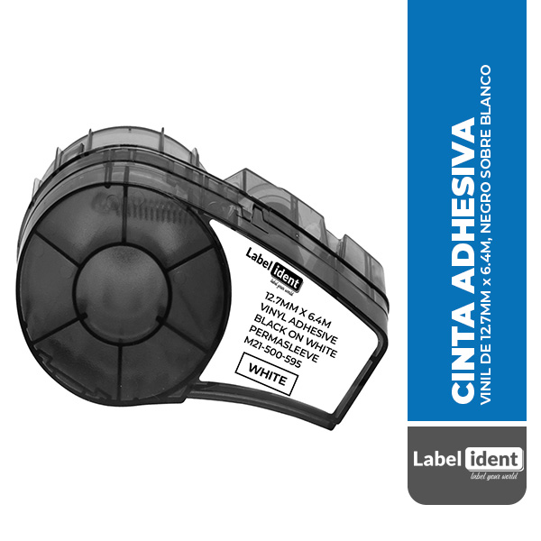 M21-500-595 CINTA ADHESIVA VINIL DE 12.7MM x 6.4M, NEGRO SOBRE BLANCO (BRADY)