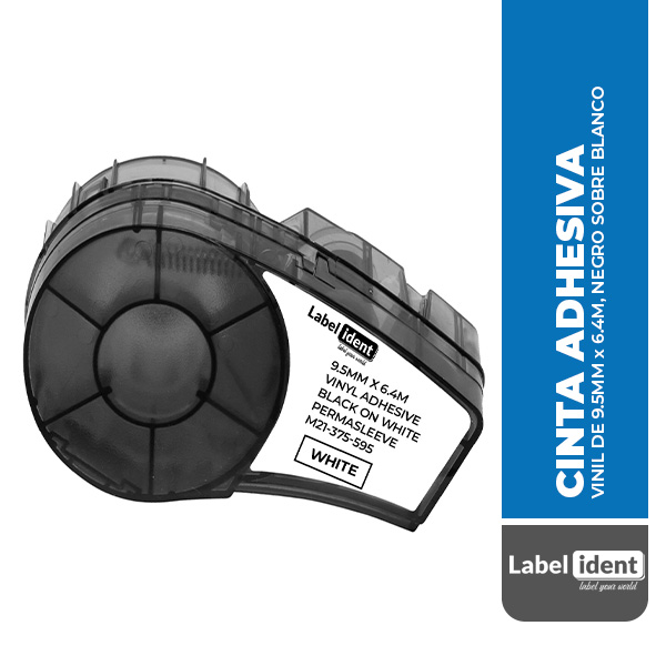 M21-375-595 CINTA ADHESIVA VINIL DE 9.5MM x 6.4M, NEGRO SOBRE BLANCO (BRADY)
