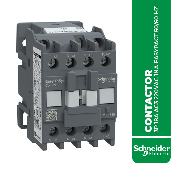 SE.LC1E1810M7 CONTACTOR 3P 18A AC3 220VAC 1NA EASYPACT 50/60 HZ