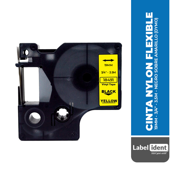 LI.18491 CINTA NYLON FLEXIBLE 19MM - 3/4" - 3.5M - NEGRO SOBRE AMARILLO (DYMO)