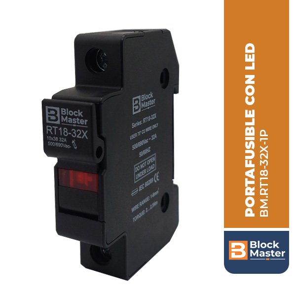 BM.RT18-32X-1P PORTAFUSIBLE PARA FUSIBLE DE 10X38 CON LED, 32A, 1P, 500/690V, GRIS OSCURO, BLOCK MASTER