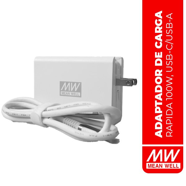 ADAPTADOR DE CARGA RAPIDA 100W, USB-C/USB-A, PD3.0/QC3.0, 5V, 9V, 12V, 15, 20V, MEANWELL