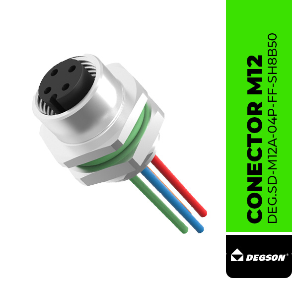 DEG.SD-M12A-04P-FF-SH8B50 CONECTOR EMPOTRABLE EN PANEL FRONTAL, M12, HEMBRA, DE 4 POLOS, CODIFICACION-A, 4A/250V, CABLES DE 0.5m, IP68, DEGSON